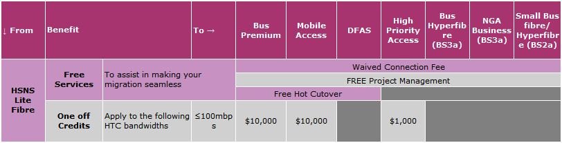 HSNS Lite Fibre Migration Offer table